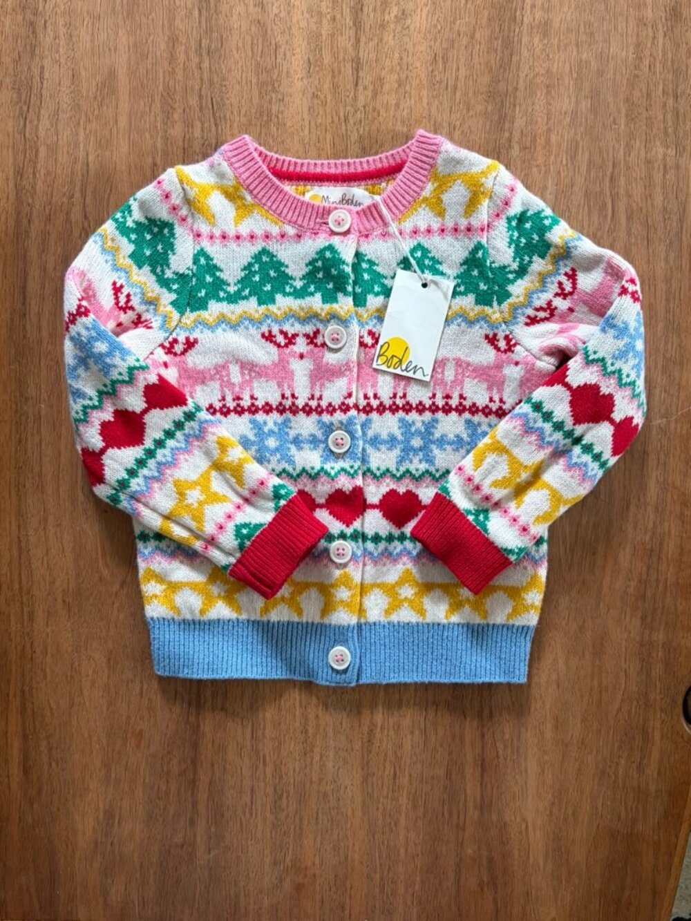 NWT Mini Boden Festive Fair Isle Christmas cardigan, colorful holiday reindeer